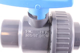 Close-up of 3/4-inch marking and union nut on gray PVC ball valve