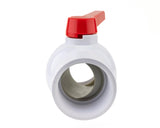Front view of the URA WATER 3-inch PVC NPT threaded ball valve showing the open bore and red handle.