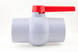 Side view of the URA WATER 4-inch PVC NPT threaded ball valve with red lever handle.