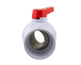 Front view of the URA WATER 4-inch PVC socket ball valve showing the open bore and red handle.
