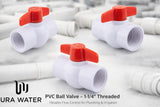 URA WATER 1-1/4-inch PVC NPT threaded ball valve product graphic showing three views.