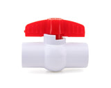 Side view of the URA WATER 1/2-inch PVC NPT threaded ball valve with red T-handle.