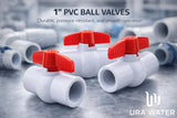 URA WATER 1-inch PVC NPT threaded ball valve product graphic showing three views.