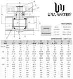 URA WATER PVC ball valve technical drawing and dimension chart for 1/2-inch through 4-inch sizes.