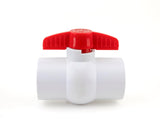 Side view of the URA WATER 1-1/2-inch PVC socket ball valve with red T-handle.