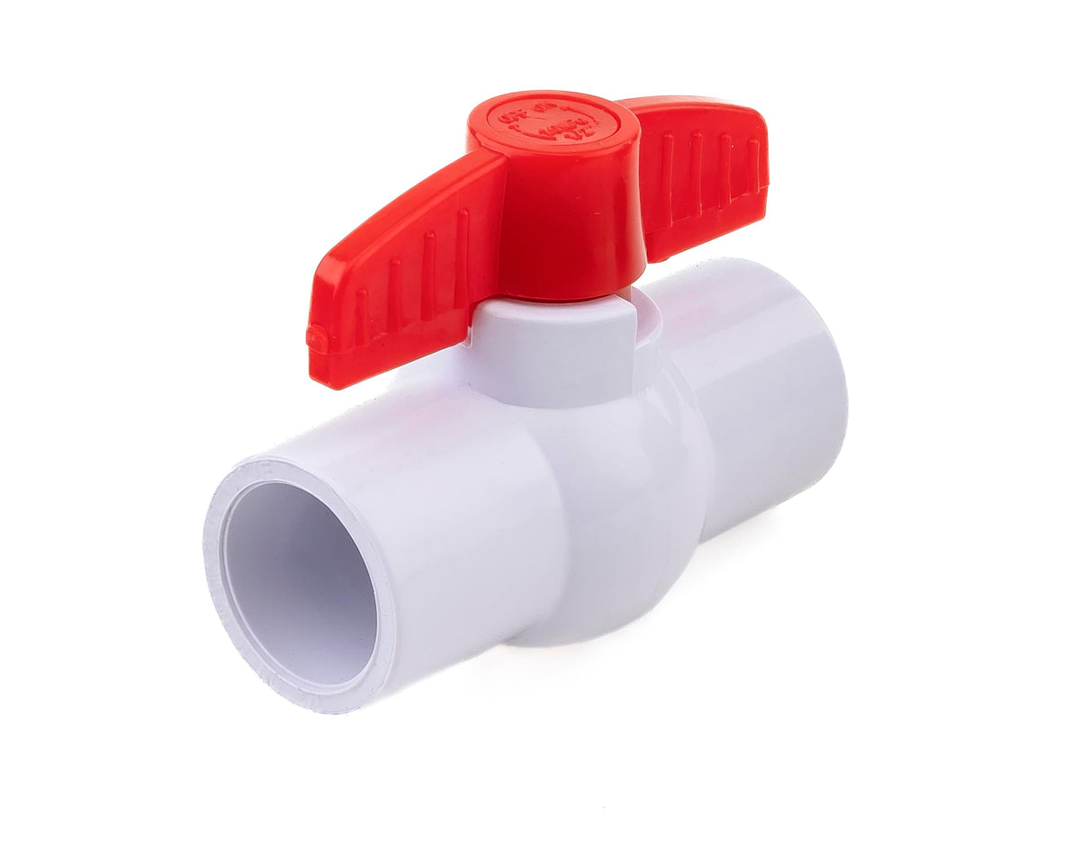 URA WATER 1/2-inch PVC socket ball valve with white body and red T-handle, angled view.