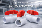 URA WATER 1/2-inch PVC socket ball valve product graphic showing three views.