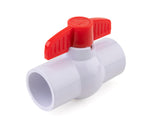 URA WATER 1-inch PVC socket ball valve with white body and red T-handle, angled view.