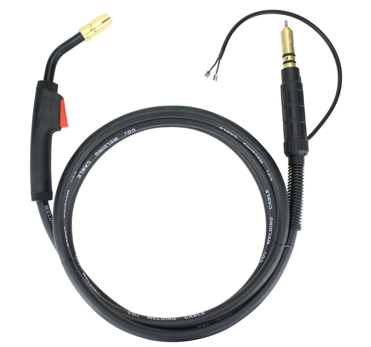 Hobart-style MIG gun with coiled cable and spade trigger connection