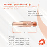 11T tapered MIG contact-tip dimensions and wire-size chart