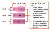 13N ceramic TIG cup dimension chart for sizes 4, 5 and 6