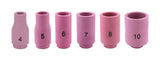 Pink 13N alumina TIG cups in sizes 4, 5, 6, 7, 8 and 10