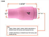 13N08 size 4 alumina TIG cup dimensions and compatible standard or stubby setups