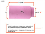 13N11 size 7 alumina TIG cup dimensions and compatible standard or stubby setups