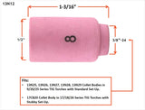 13N12 size 8 alumina TIG cup dimensions and compatible standard or stubby setups