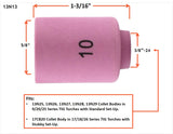 13N13 size 10 alumina TIG cup dimensions and compatible standard or stubby setups