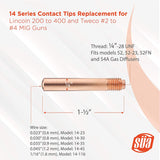 14-series MIG contact-tip dimensions and wire-size chart