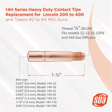 14H heavy-duty MIG contact-tip dimensions and wire-size chart