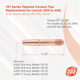 14T tapered MIG contact-tip dimensions and wire-size chart