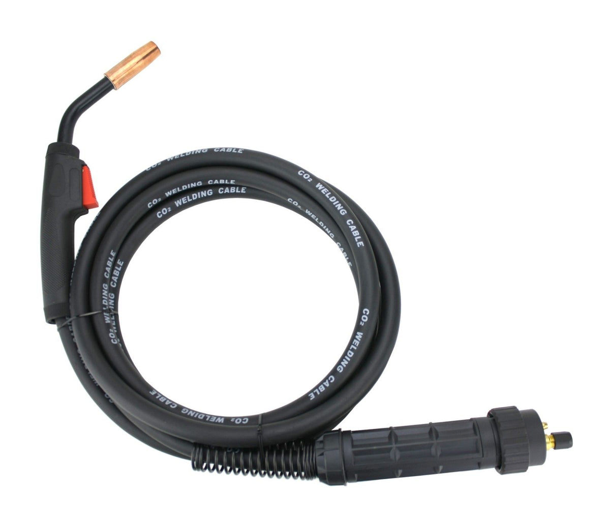 MIG gun with black handle, red trigger, coiled cable and Euro connector