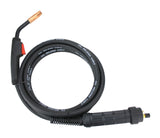 MIG gun with black handle, red trigger, coiled cable and Euro connector