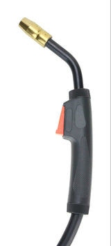 Close view of Hobart-style MIG gun neck, brass nozzle and red trigger