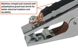 Close view of work-clamp attachment and insulated cable termination