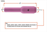 Size 4L long TIG cup dimensions and fit diagram