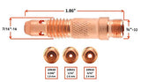 Standard TIG collet body dimensions and thread diagram