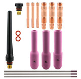 Standard TIG kit with long cups 4, 5, 6, copper consumables and back caps with purple-tip tungsten electrodes