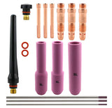 Standard TIG kit with long cups 5, 6, 8, copper consumables and back caps with purple-tip tungsten electrodes