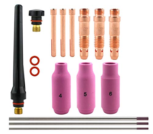 Standard TIG kit with regular cups 4, 5, 6, copper consumables and back caps with purple-tip tungsten electrodes