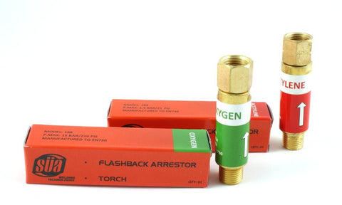 SÜA 188 oxygen and acetylene torch flashback arrestor pair with packaging