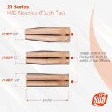 21 flush-tip MIG nozzle dimensions and opening-size comparison