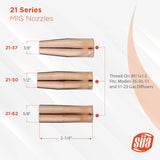21-series threaded MIG nozzle sizes and mounting diagram
