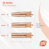 22-series slip-on MIG nozzle opening sizes and mounting diagram
