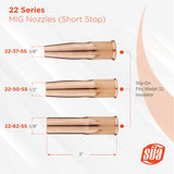 22 short-stop MIG nozzle dimensions and model 32 insulator diagram