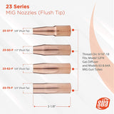 23 flush-tip MIG nozzle opening sizes and dimensional comparison