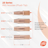 23 flush-tip MIG nozzle opening sizes and dimensional comparison