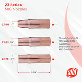 23-series threaded MIG nozzle sizes and mounting diagram