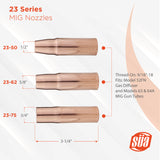 23-series threaded MIG nozzle sizes and mounting diagram