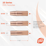 23-series threaded MIG nozzle sizes and mounting diagram