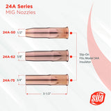 24A MIG nozzle opening sizes, length and 34A insulator diagram