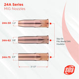 24A MIG nozzle opening sizes, length and 34A insulator diagram