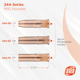 24A MIG nozzle opening sizes, length and 34A insulator diagram
