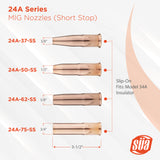 24A short-stop MIG nozzle sizes and 34A insulator diagram
