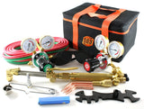 Welding and cutting kit components arranged with carrying bag