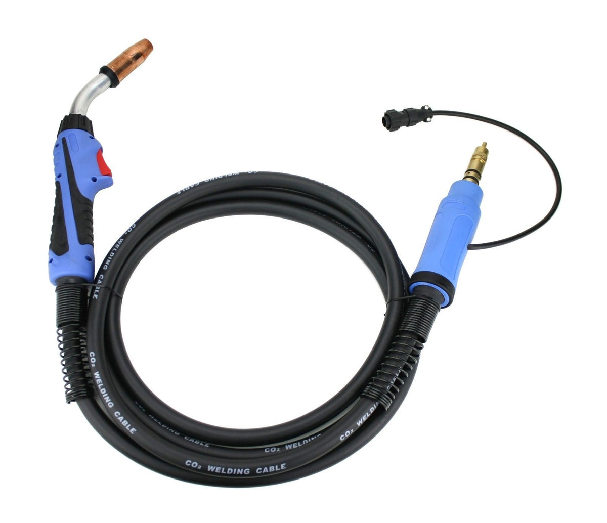 Blue-handled 250A Miller-style MIG gun with cable and 2-pin trigger plug