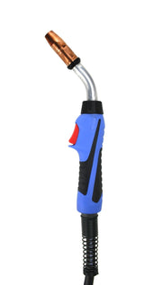 Close view of blue 250A MIG gun handle, trigger and copper nozzle