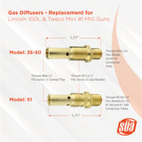 35-50 and 51 MIG gas diffuser dimensions and fitting comparison